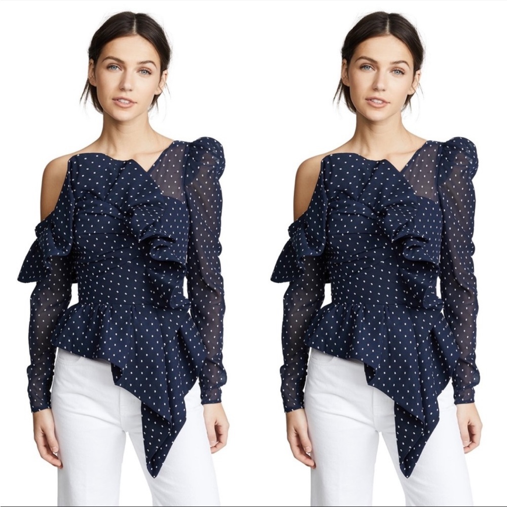 Self-Portrait Plumetis Frill One Shoulder Blouse Navy Blue Polka Dot Size 6